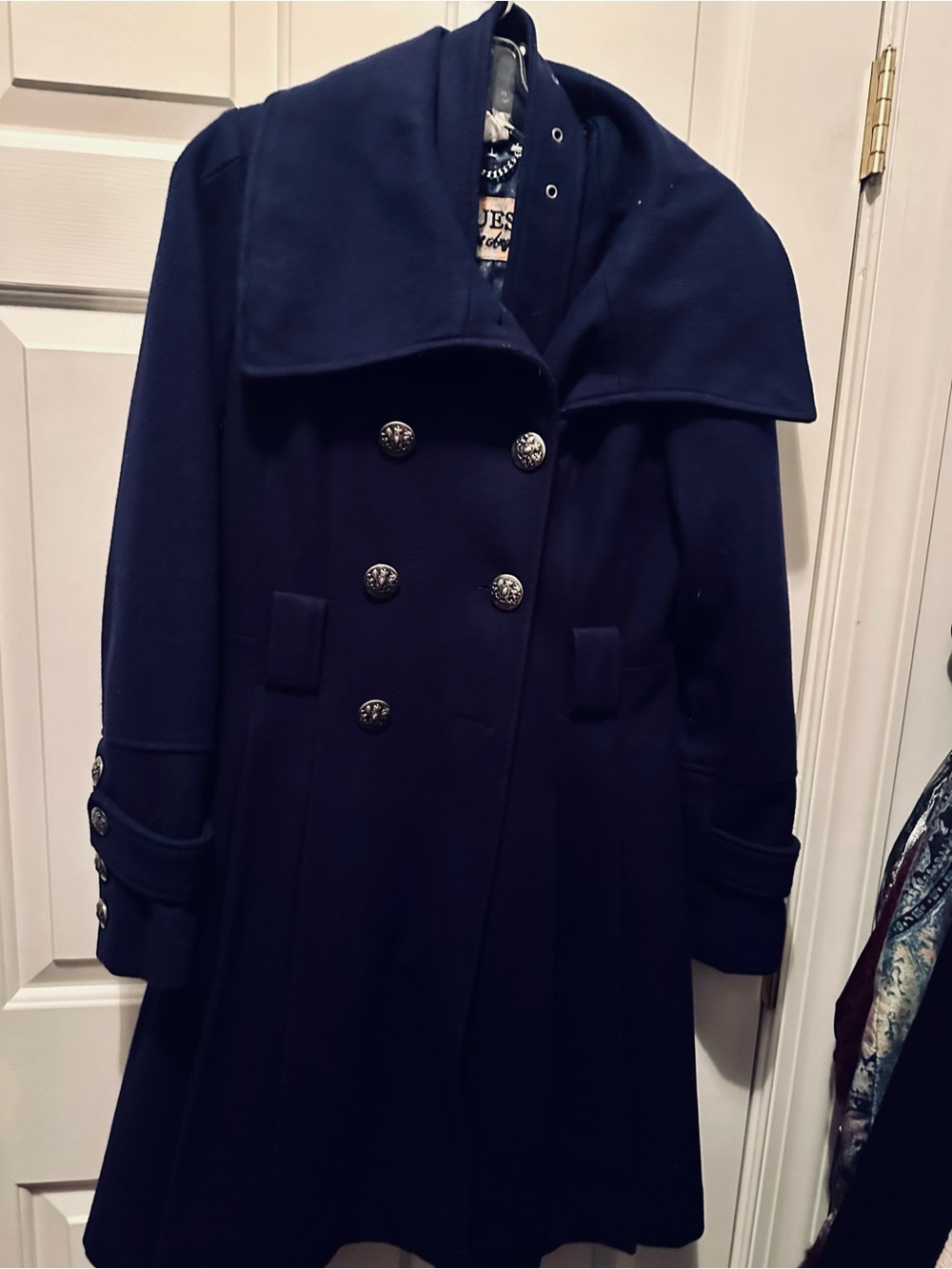 Guess Navy Double-Breasted Pea Coat with Decorative Buttons